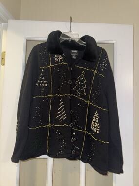 Designers Originals Black Knit Cardigan Beaded Christmas Trees Fur Collar Sz 2X